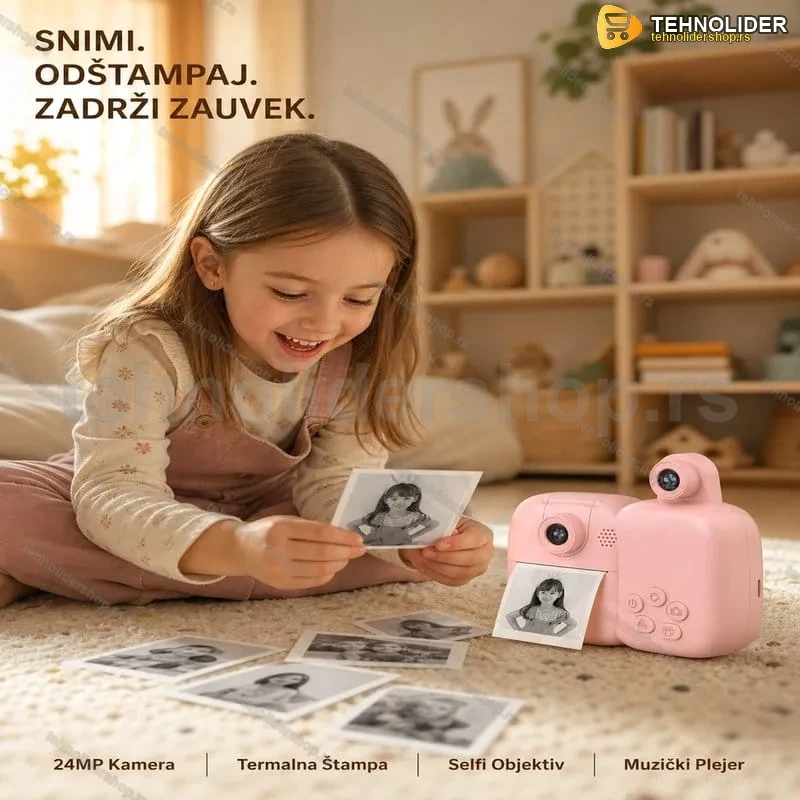 Fotoaparat za decu sa instant termalnim štampačem — 24MP, selfi kamera, štampa bez boje Fotoaparat za decu sa instant termalnim štampačem — 24MP, selfi kamera, štampa bez boje