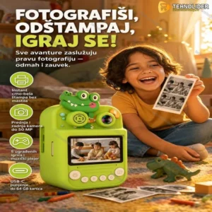 Fotoaparat za decu sa štampačem — Zeleni Krokodil sa instant štampom i 5 igrica