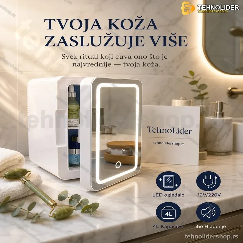 Frižider za Kozmetiku sa Ogledalom i LED Svetlom – 12V/220V Frižider za Kozmetiku sa Ogledalom i LED Svetlom – 12V/220V