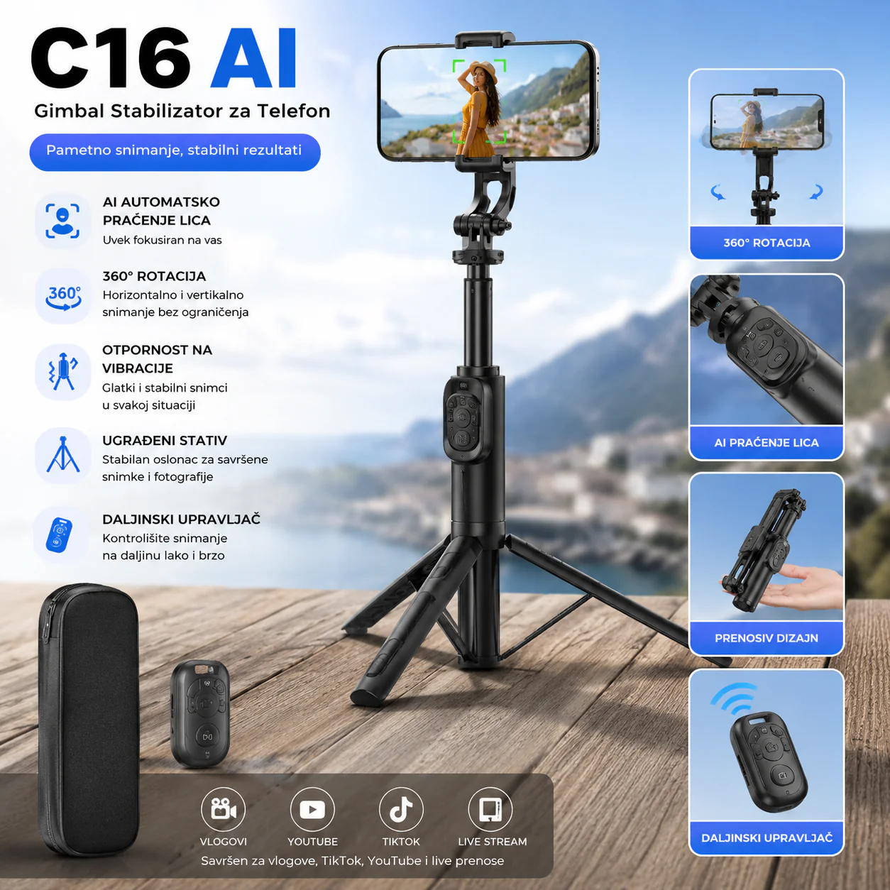 Gimbal stabilizator za telefon C16 sa AI praćenjem i stativom gimbal stabilizator - prednja strana