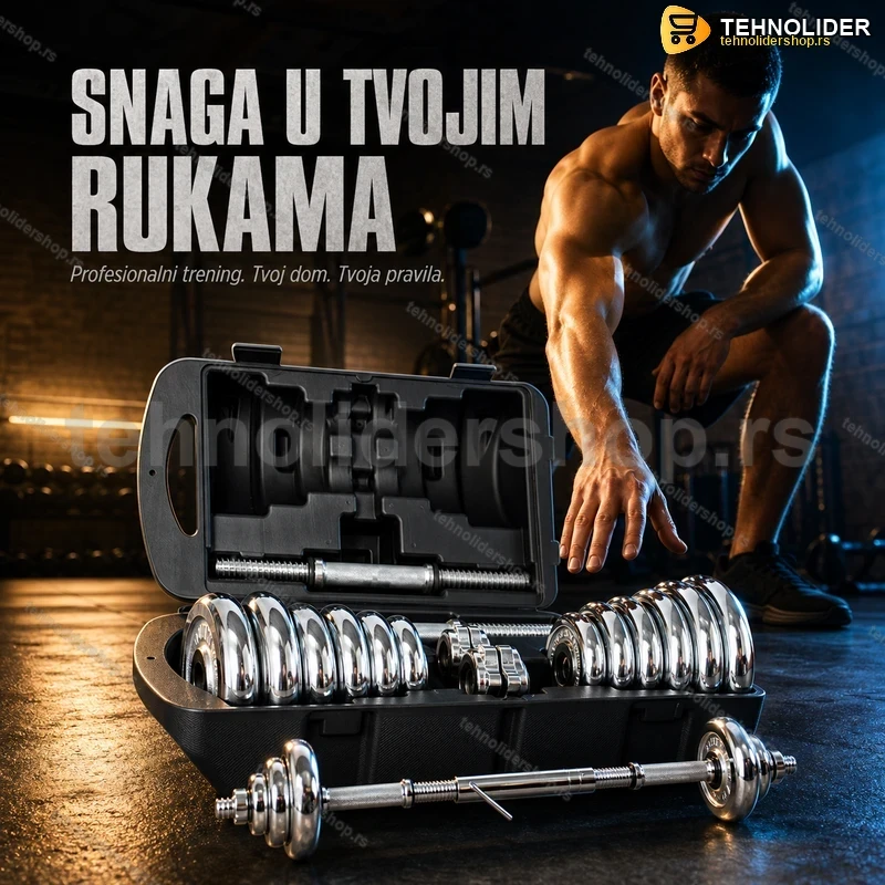 hromirani-tegovi-bucice-set-20kg-sipka-tehnolidershop Hromirani Tegovi Bučice 20 kg Set sa Šipkom za Spajanje