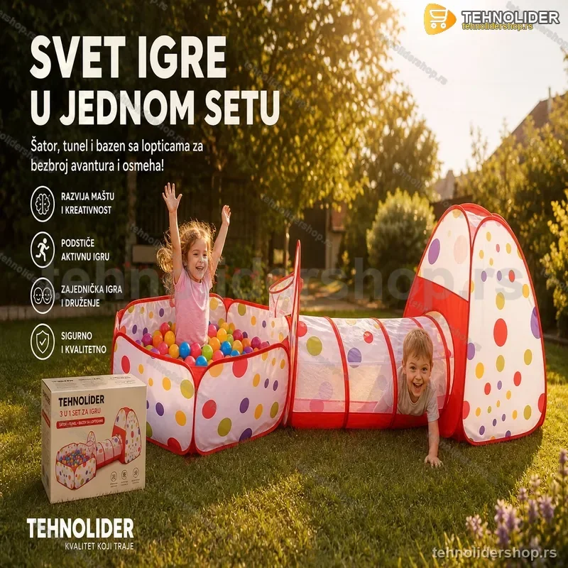 Igraonica za Decu 3 u 1 – Tunel, Šator i Bazen za Loptice Igraonica za Decu 3 u 1 – Tunel, Šator i Bazen za Loptice