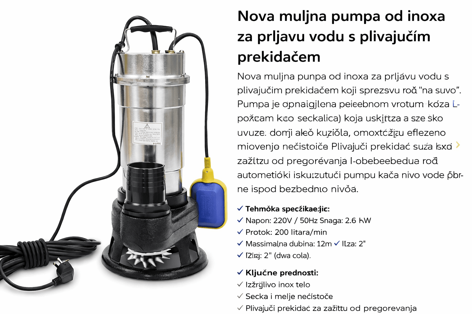 Inox muljna pumpa sa seckalicom i plivajućim prekidačem muljna pumpa - u upotrebi