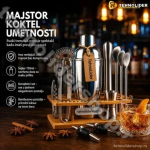 Koktel Set od Inox – Komplet za Pravljenje Koktela sa Bambusovim Postoljem