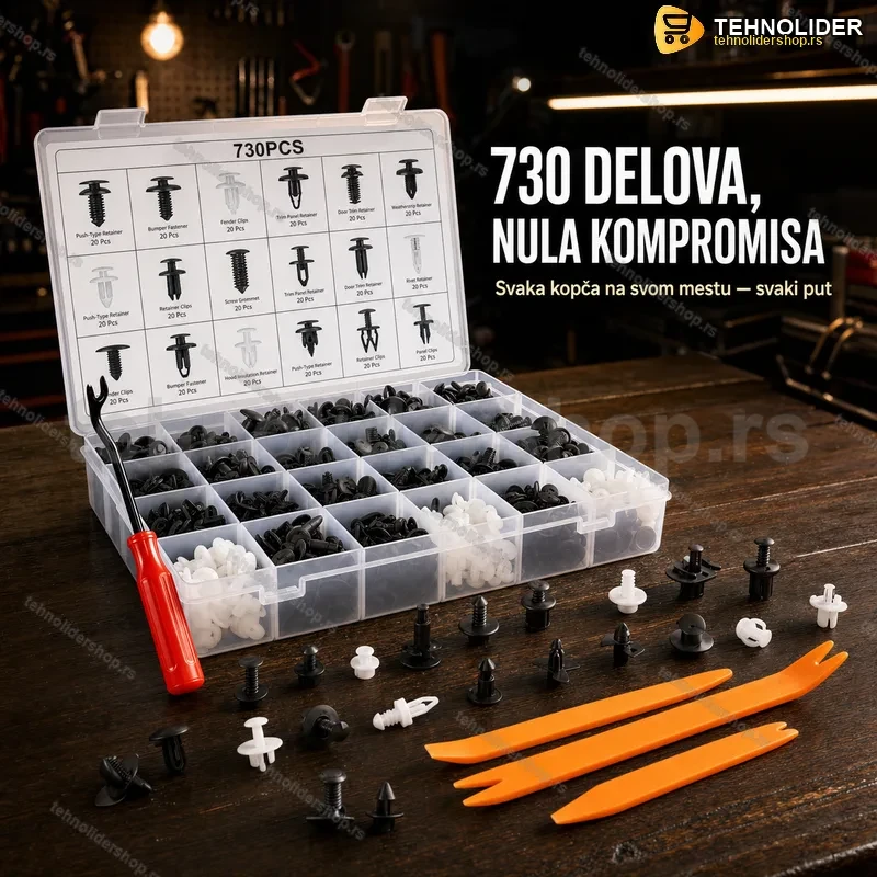 Komplet pričvršćivača za auto obloge 730 delova sa alatom Komplet pričvršćivača za auto obloge 730 delova sa alatom