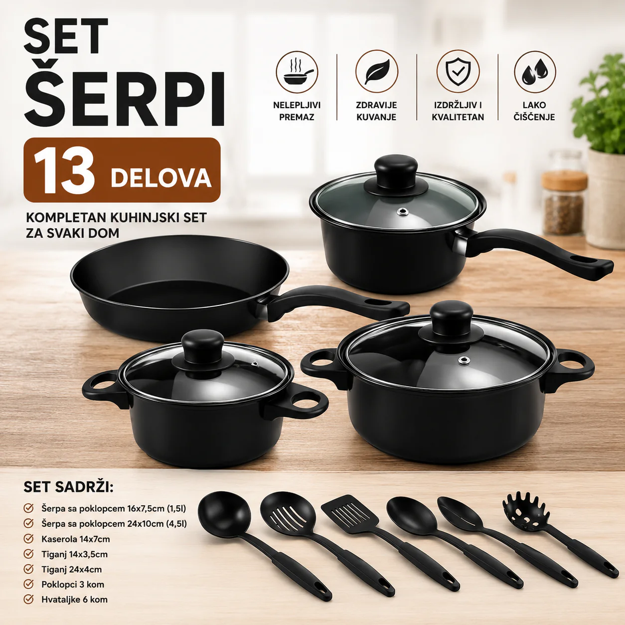 Komplet šerpi s neprijanjajućim premazom — 13 delova set šerpi - u upotrebi