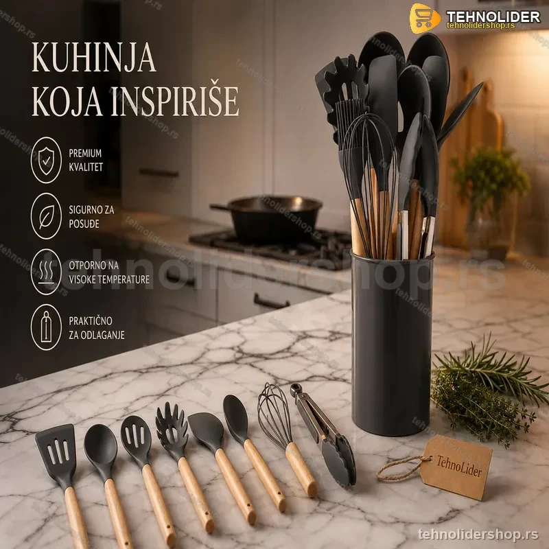 Kuhinjski Set Pribora 12 Delova – Silikon i Drvo Kuhinjski Set Pribora 12 Delova – Silikon i Drvo