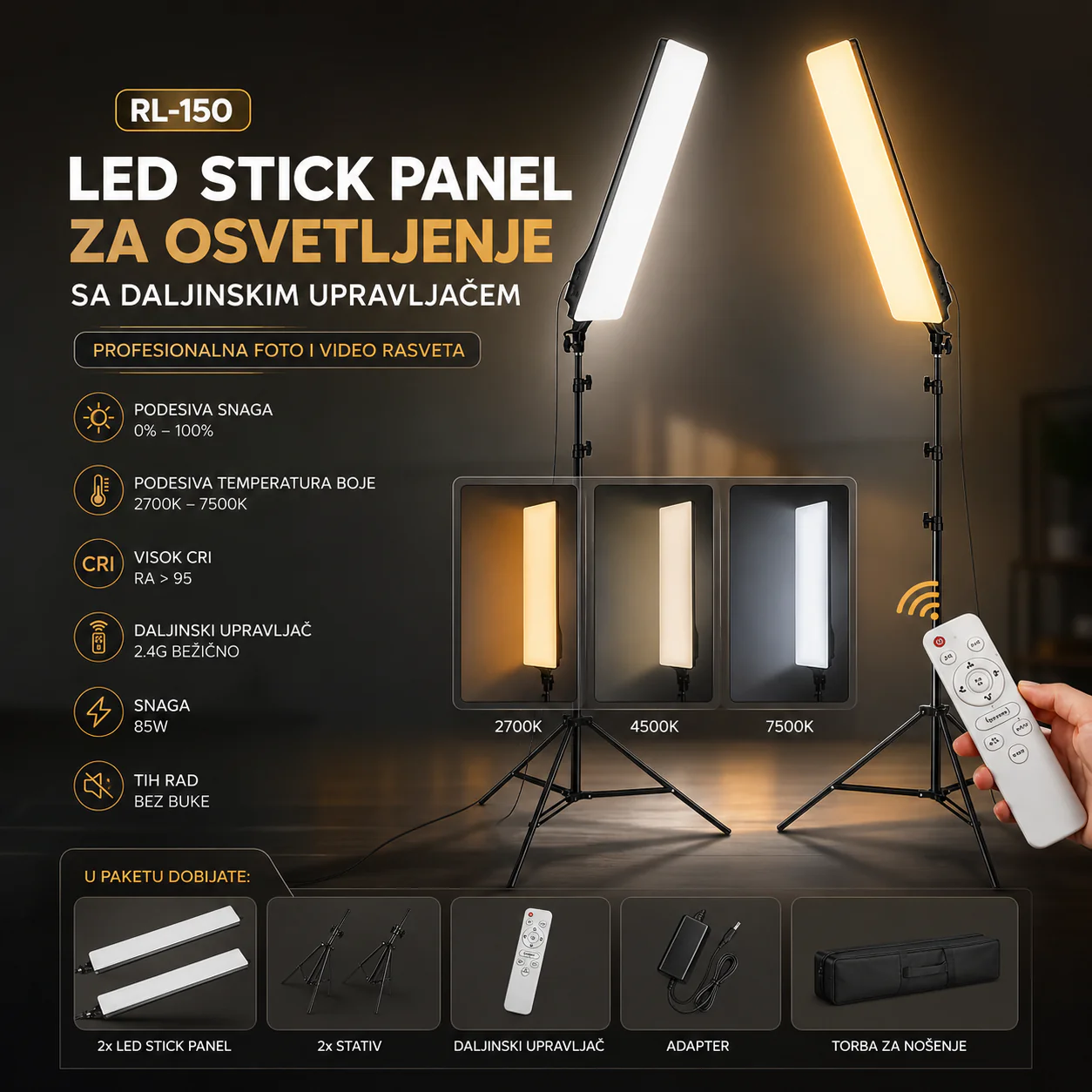 LED Štap Panel RL-150 sa Daljinskim za Foto i Video LED štap panel - prednja strana
