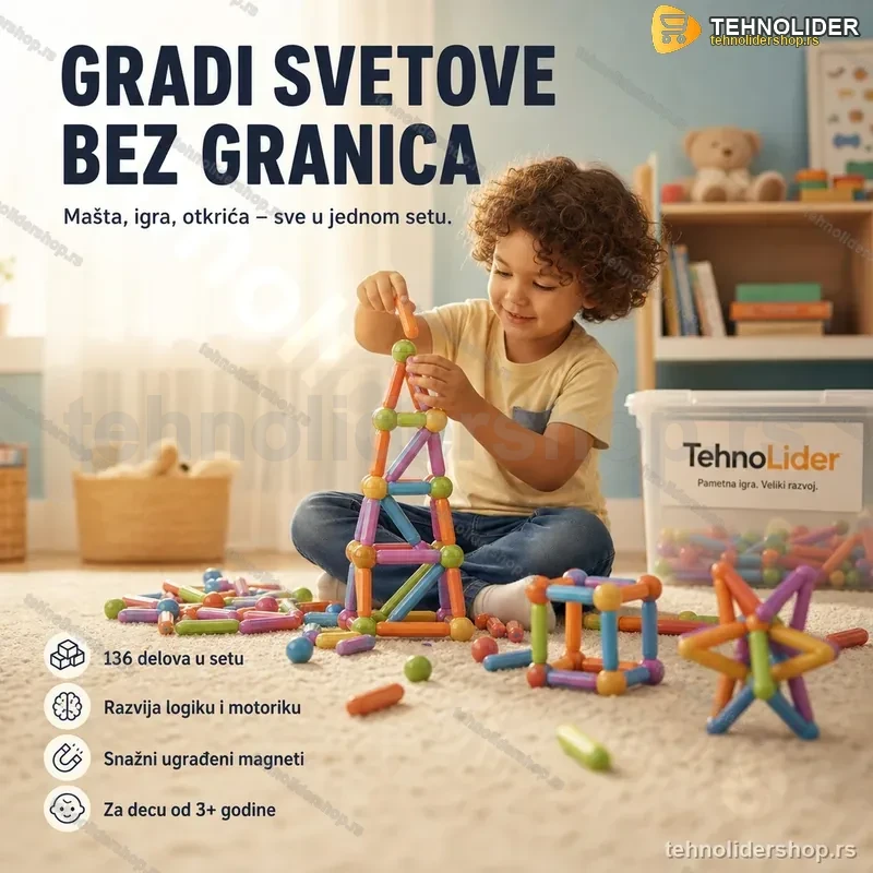 Magnetni Set Štapića i Kugli 136 Delova – 3D Edukativna Igračka za Decu Magnetni Set Štapića i Kugli 136 Delova – 3D Edukativna Igračka za Decu