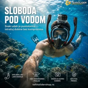 Maska za ronjenje, maska ronilacka sa dve disaljke sa drzacem za GoPro kamerom