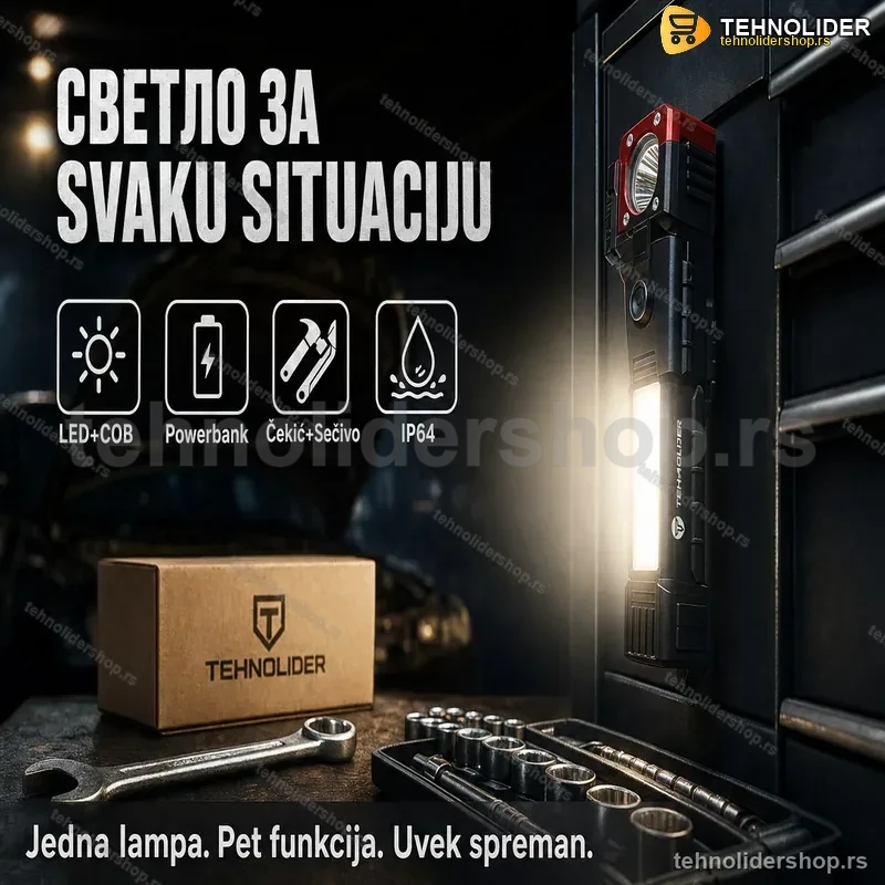 Multifunkcionalna LED Lampa sa Powerbankom, Čekićem i Sečivom — 5u1 Multifunkcionalna LED Lampa sa Powerbankom, Čekićem i Sečivom — 5u1