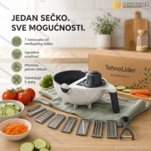 Multifunkcionalni Sečko 9u1 – Set sa 7 Nastavaka i Oceđivačem