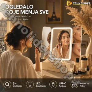 MiraBeauty Ogledalo sa LED Svetlom za Šminkanje — USB-C, 3× Uveličanje