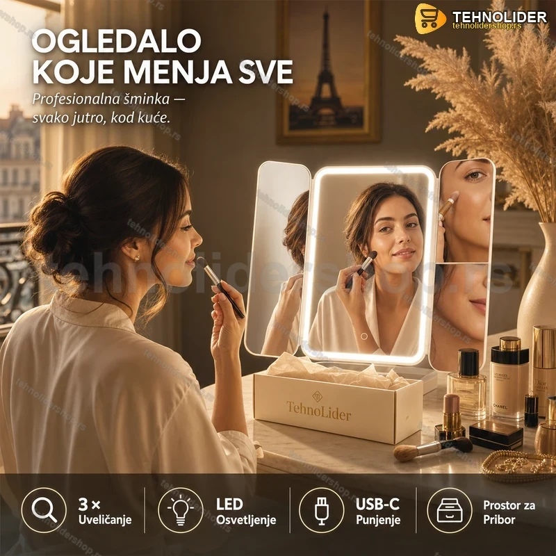 ogledalo-sa-led-svetlom-za-sminkanje-mirabeauty-tehnolidershop-1 MiraBeauty Ogledalo sa LED Svetlom za Šminkanje — USB-C, 3× Uveličanje