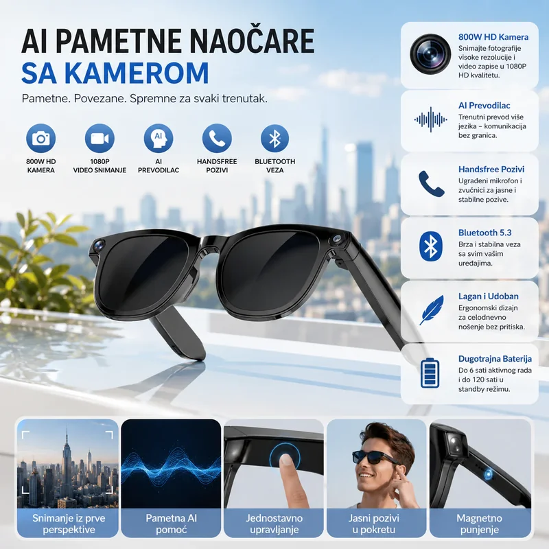 Pametne naočare sa kamerom i AI prevodilacem — Bluetooth pametne naočare - prednja strana