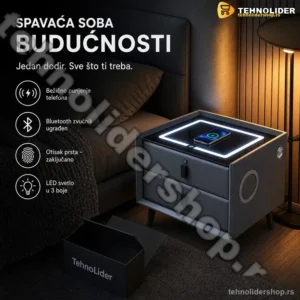 Pametni Noćni Stočić sa Otključavanjem na Otisak Prsta, Bežičnim Punjenjem, Bluetooth Zvučnikom i LED Osvetljenjem – Dark Grey