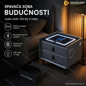 Pametni Noćni Stočić sa Otključavanjem na Otisak Prsta, Bežičnim Punjenjem, Bluetooth Zvučnikom i LED Osvetljenjem – Dark Grey