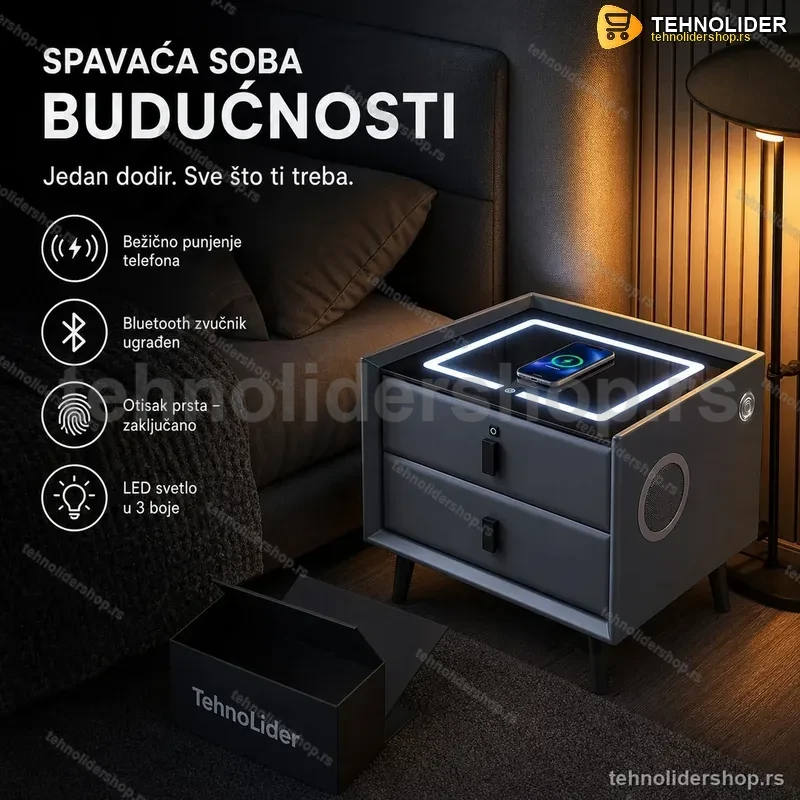 Pametni Noćni Stočić sa Otključavanjem na Otisak Prsta, Bežičnim Punjenjem, Bluetooth Zvučnikom i LED Osvetljenjem – Dark Grey Pametni Noćni Stočić sa Otključavanjem na Otisak Prsta, Bežičnim Punjenjem, Bluetooth Zvučnikom i LED Osvetljenjem – Dark Grey