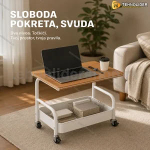 Pomoćni stočić na točkićima sa dva nivoa — beli okvir