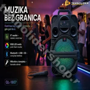Prenosivi Bežični Zvučnik QL-1807 – 8" sa Mikrofonom i RGB Svetlom Rasprodaja