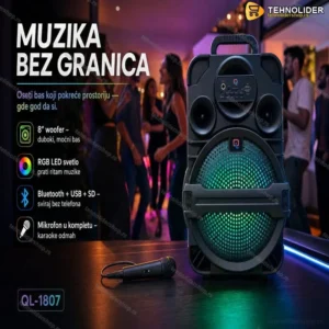 Prenosivi Bežični Zvučnik QL-1807 – 8" sa Mikrofonom i RGB Svetlom Rasprodaja