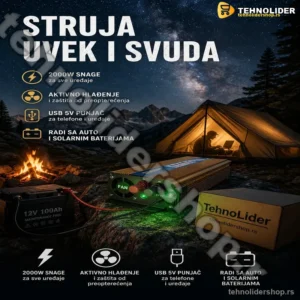 Pretvarač Napona 12V na 220V 2000W — Inverter za Kampovanje i Vikendice