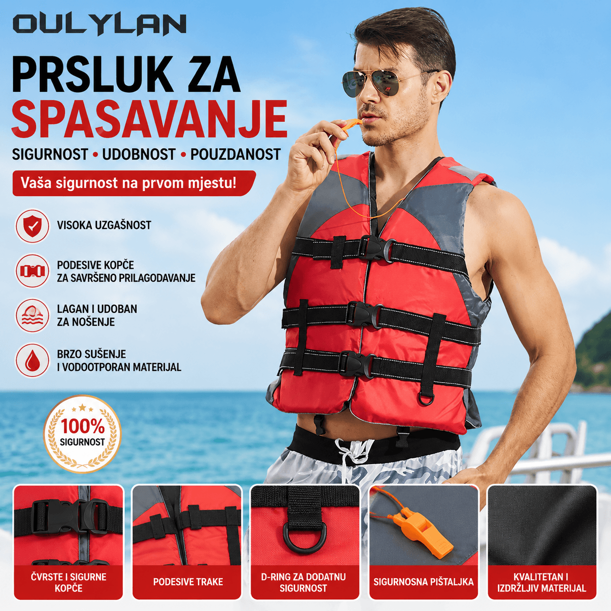 Prsluk za Spasavanje za Odrasle – Univerzalni Sigurnosni Prsluk sa Pištaljkom za Čamac, Ribolov i Vodene Sportove prsluk za spasavanje - prednja strana