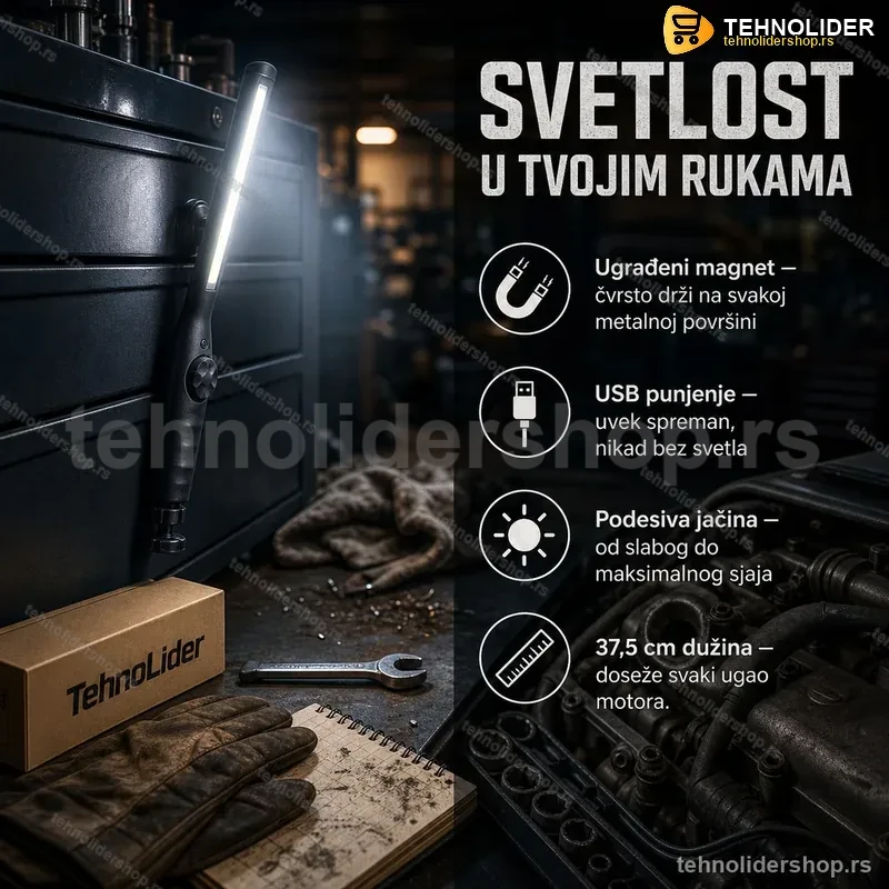 Punjiva LED Radna Lampa za Mehaničare sa Magnetom i Podesiviom Jačinom Svetlosti Punjiva LED Radna Lampa za Mehaničare sa Magnetom i Podesiviom Jačinom Svetlosti