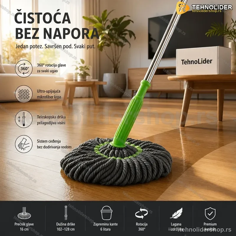 Rotirajući Mikrofiber Mop Set sa Kantom za Ceđenje – 360° Rotacija Rotirajući Mikrofiber Mop Set sa Kantom za Ceđenje – 360° Rotacija