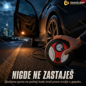 Ručni kompresor za auto 12V - Kompaktni pumpa za gume sa manometrom i setom nastavaka