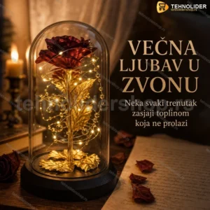 Ruža u staklenom zvonu sa LED osvetljenjem — zlatna