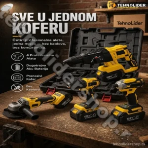 4u1 Set Akumulatorskog Alata — Bušilica, Brusilica, Šrafilica i Hilti u Koferu