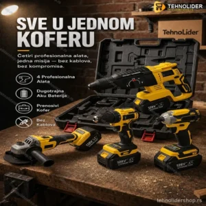 4u1 Set Akumulatorskog Alata — Bušilica, Brusilica, Šrafilica i Hilti u Koferu