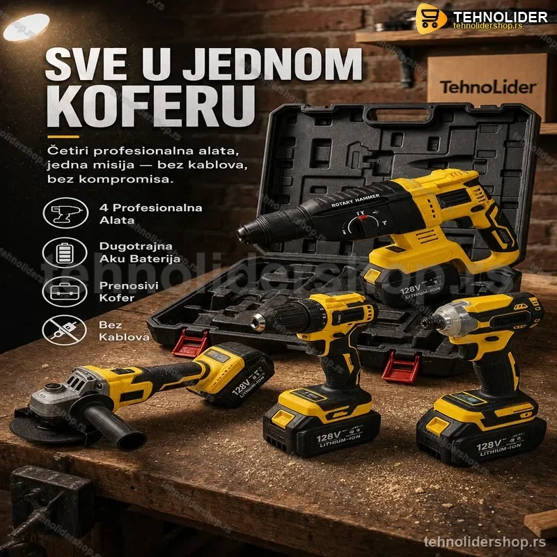 4u1 Set Akumulatorskog Alata — Bušilica, Brusilica, Šrafilica i Hilti u Koferu 4u1 Set Akumulatorskog Alata — Bušilica, Brusilica, Šrafilica i Hilti u Koferu