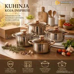 Set Lonaca Inox 18/10 – 6-Delni Premium Komplet sa Staklenim Poklopcima