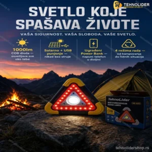 Sigurnosni LED Trougao – Solarno i USB Punjenje, 1000lm, Power Bank