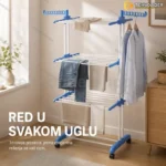 Sklopivi stalak za sušenje veša na 3 nivoa sa točkićima – Metalni sušač za stan, balkon i dvorište