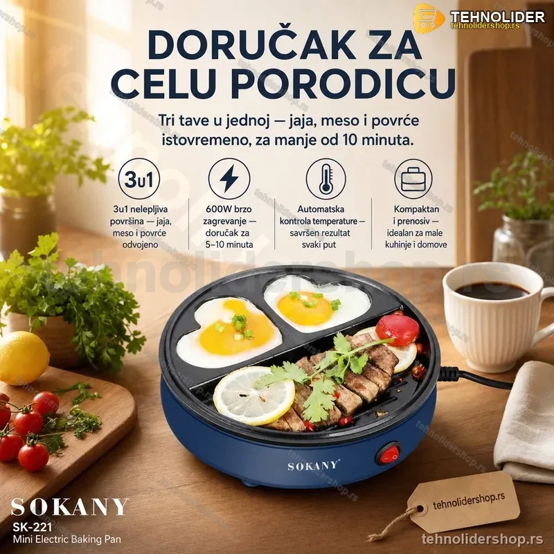 Sokany 3u1 Mini Električni Gril Tiganj – Višenamenska Tava za Doručak Sokany 3u1 Mini Električni Gril Tiganj – Višenamenska Tava za Doručak