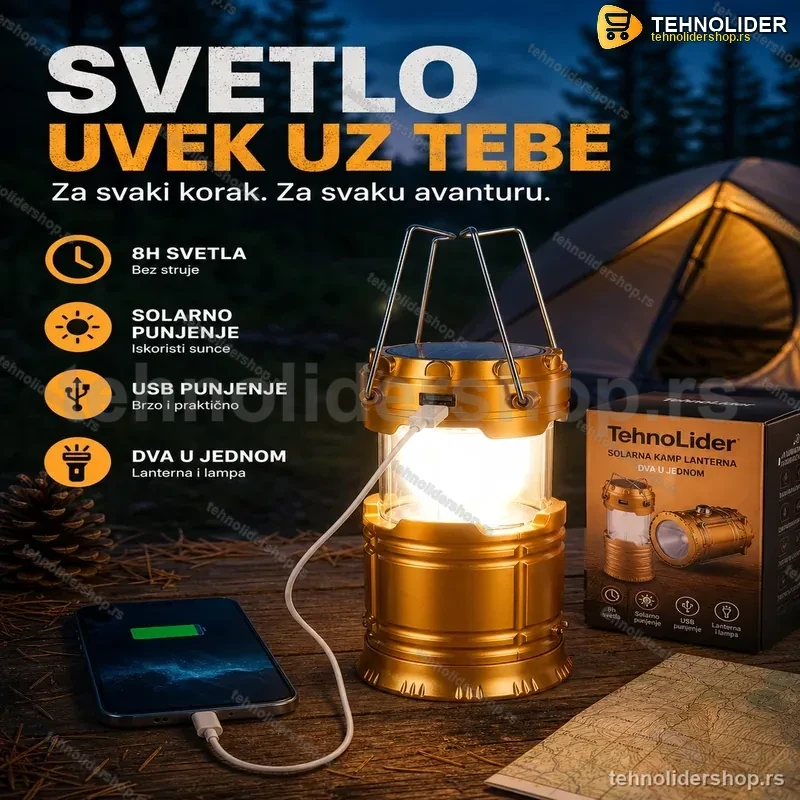 3u1 Solarna Lampa Fenjer sa Punjačem Telefona — Do 8h Svetla bez Struje 3u1 Solarna Lampa Fenjer sa Punjačem Telefona — Do 8h Svetla bez Struje