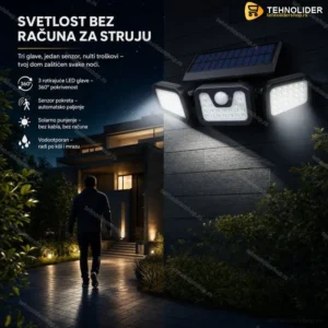 Solarni LED Reflektor sa Senzorom Pokreta i 3 Rotirajuće Glave – Maksimalno Osvetljenje Bez Troškova Struje!