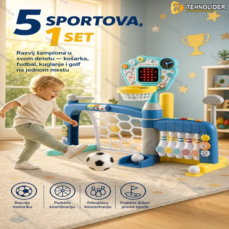 Sportski set 5 u 1 za decu – koš, gol, kuglanje i golf igračka Sportski set 5 u 1 za decu – koš, gol, kuglanje i golf igračka