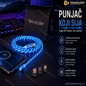Svetleći Magnetni Punjač za Telefon – USB-C, Micro USB i Lightning