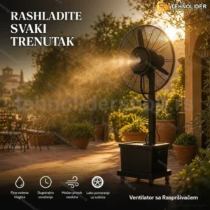 Ventilator sa Raspršivačem Vode – Profesionalno Rashlađivanje za Bašte, Kafiće i Terase