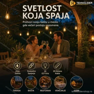 Viseća Rasveta za Dvorište 20m – Dekorativni Kabl sa 20 E27 Grla