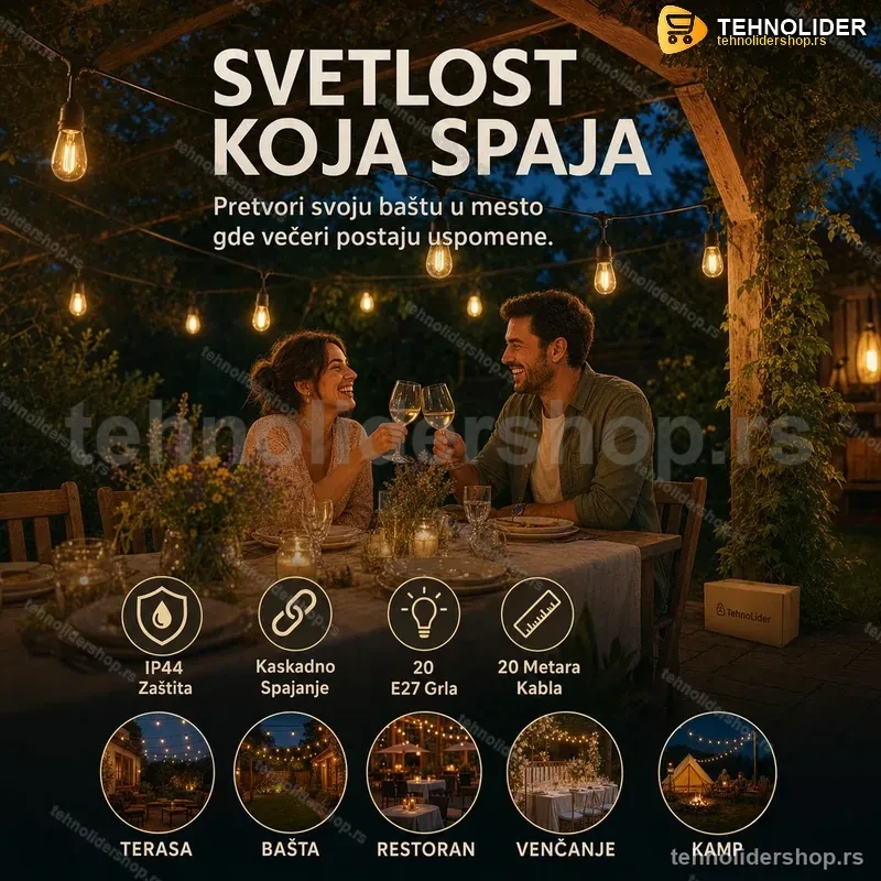 Viseća Rasveta za Dvorište 20m – Dekorativni Kabl sa 20 E27 Grla Viseća Rasveta za Dvorište 20m – Dekorativni Kabl sa 20 E27 Grla