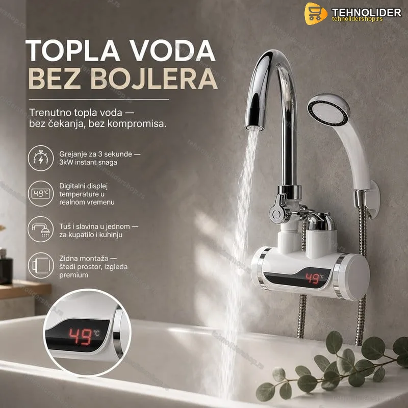 Slavina na Zid sa Tušem — Električna, Grejač 3kW, Displej Temperature Slavina na Zid sa Tušem — Električna, Grejač 3kW, Displej Temperature