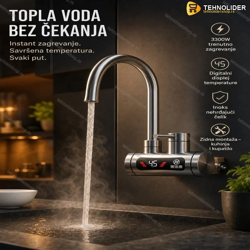 Slavina sa grejačem za zidnu montažu od inoksa – 3300W, displej temperature Slavina sa grejačem za zidnu montažu od inoksa – 3300W, displej temperature