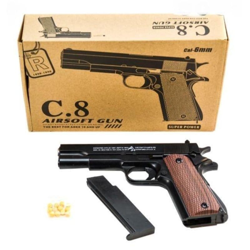 Airsoft pištolj C8 — metalna replika Kolt 1911, 6 mm airsoft pištolj C8 - prednja strana