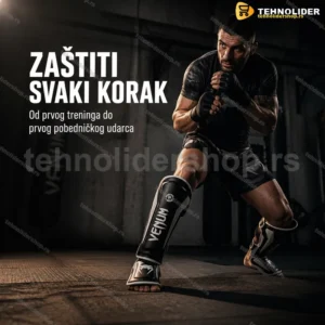 Crni štitnici za potkolenice i stopala — trening borilačkih veština