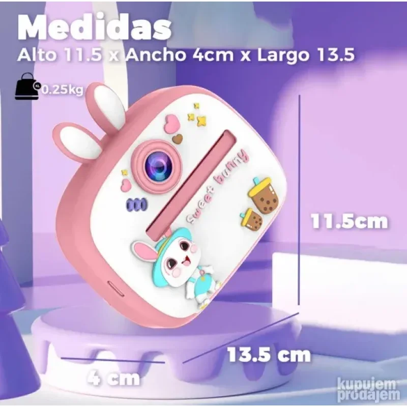 Roze fotoaparat sa štampačem za decu — motiv zeke roze dečji fotoaparat sa štampačem - u upotrebi